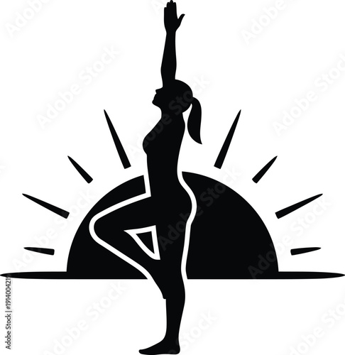 A serene silhouette of a woman practicing yoga at sunrise or sunset, promoting wellness and mindfulness.