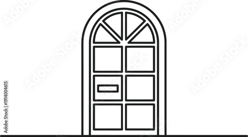 Black and white line art icon of an arched door with multiple glass panes and a letter slot