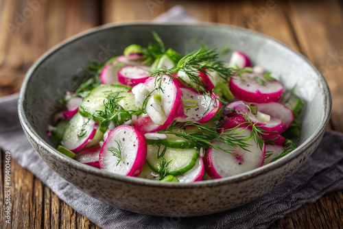 Fresh spring salad with sliced radish and green onions in a bowl