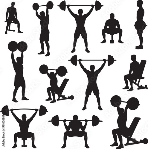 silhouette of people exercising with dumbbells and barbells in various positions