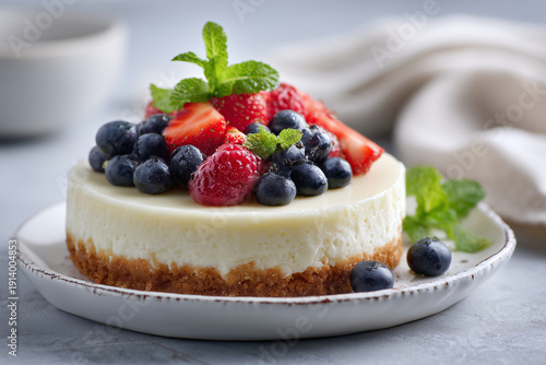 Homemade cheesecake topped with fresh berries on white ceramic plate