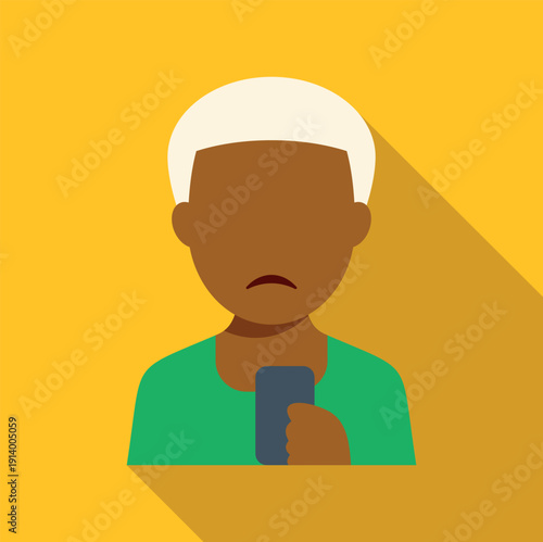 Dark skinned person with white hair holding a smartphone looking sad, flat design illustration