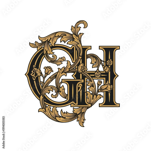 Ornate Gold Monogram Glyphs with Floral Flourishes and Vintage Design Elements.