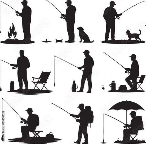 Silhouette of people fishing in various scenes with dogs and outdoor gear