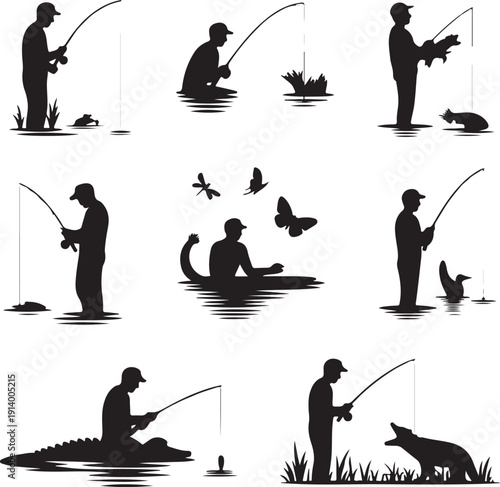 Silhouette of people fishing in various scenarios on water  recreational activity