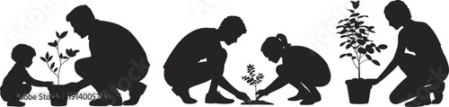 Gardening silhouettes family planting tree child parent nature care growth illustration black isolated environment ecology activity