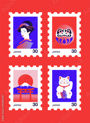Collection of Japan themed postage stamps featuring geisha, daruma doll, Mount Fuji with torii gate and maneki neko lucky cat. Flat vector illustration in bold colors. Travel, tourism and culture.