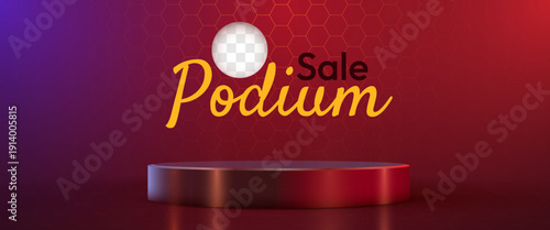 Elegant 3D product display podium with Podium Sale lettering. Ideal for product presentation and promotion. Vector illustration.