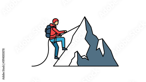 Climber Ascending Mountain Peak with Rope.