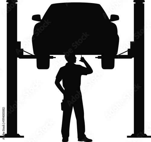 Mechanic silhouette inspecting car vehicle maintenance service workshop automobile technician illustration black isolated industrial engineering lift garage