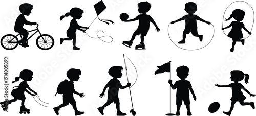 Collection of black silhouettes of children engaged in various outdoor activities and sports