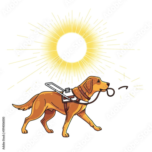 Playful Labrador Retriever on a Sunny Day in Harness with Leash Illustration.