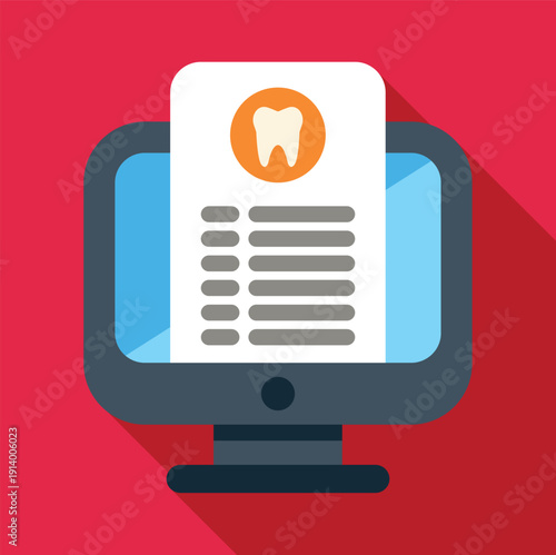 Computer screen showing a digital dental record form with a tooth icon on a red background