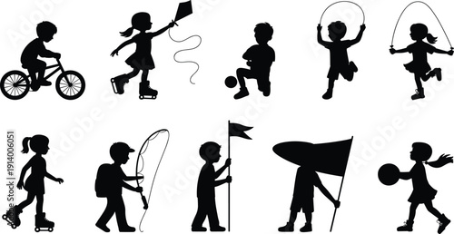 Collection of black silhouettes of children engaged in various outdoor activities and sports 1