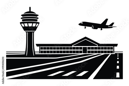 Airport Runway Silhouette with Airplane Takeoff