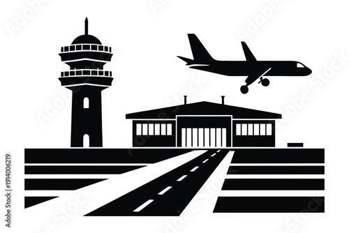 Airport Runway Silhouette with Airplane Takeoff