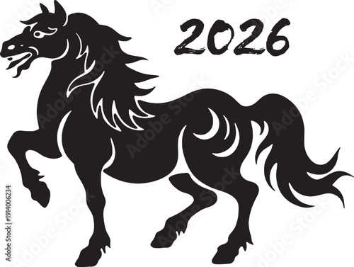 Black silhouette of a majestic horse galloping with flowing mane and tail year 2026 text above bold illustration design on white background