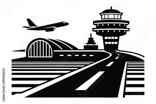 Airport Runway Silhouette with Airplane Takeoff