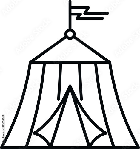 Line drawing showing a traditional circus or fairground tent with a flag flying on top