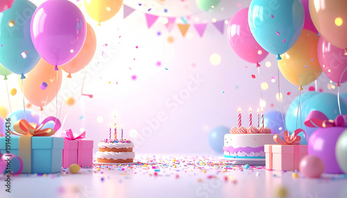 Colorful birthday party background with cakes, lit candles, balloons, and gifts.