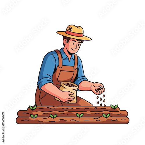 Garden planting activity with a gardener tending young seedlings in a wooden raised bed.