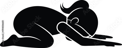 A serene silhouette of a pregnant woman resting on the ground with her head on her arm.