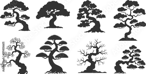 Collection of eight dark grey silhouettes of stylized bonsai trees on a white background