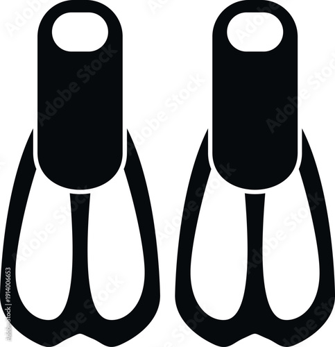 Pair of black swimming fins standing upright, presenting water sport and diving equipment