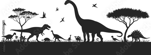 Diverse dinosaur silhouettes in a prehistoric landscape with trees and flying birds