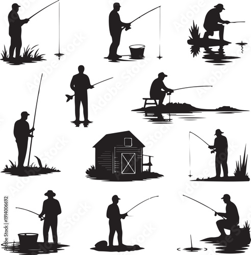 Silhouette of people fishing in various poses on riverbank  recreational activity