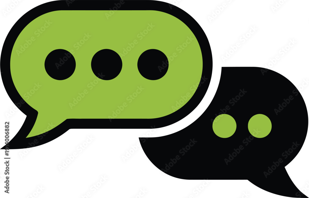 Fototapeta premium Two speech bubbles icon, one green with three dots, one black with two dots, representing chat or conversation