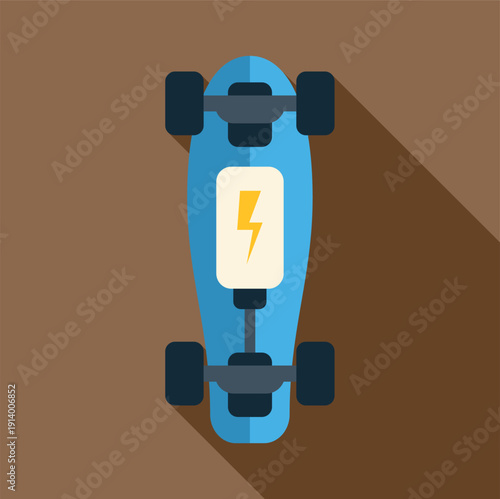 Top view of an electric longboard with a battery charging lightning bolt symbol