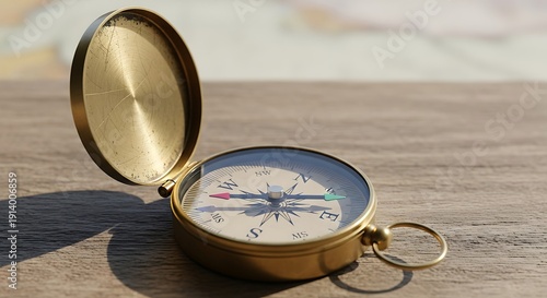 Classic golden compass resting on a wooden surface in gentle sunlight
