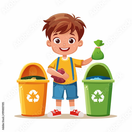 Boy recycling and sorting garbage into appropriate bins for a cleaner environment