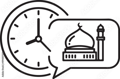Islamic Prayer Time Icon with Clock and Mosque Speech Bubble in Line Art Style