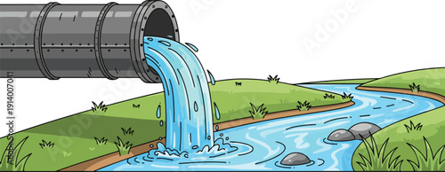 Water flowing from a large pipe into a serene stream surrounded by lush greenery and rocks