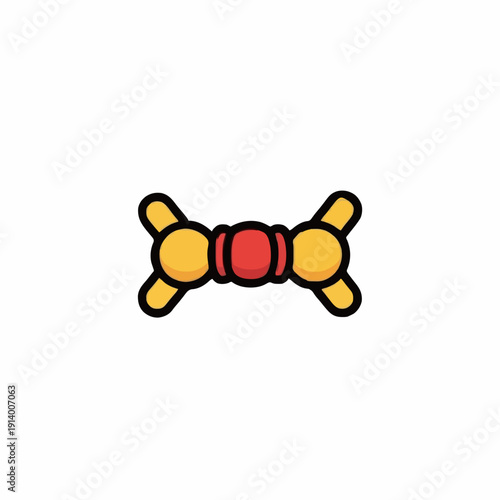 Stylized cartoon representation of a spool of thread with yellow ends and a red center on a white background