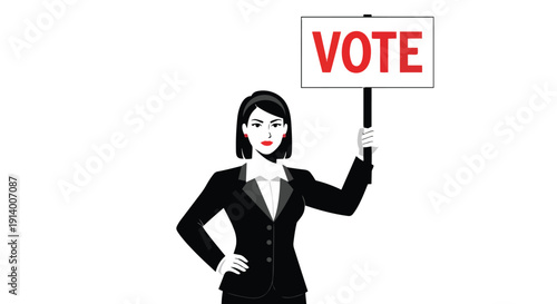 A woman in a business suit holds a sign that says "VOTE" while standing with her hand on her hip.