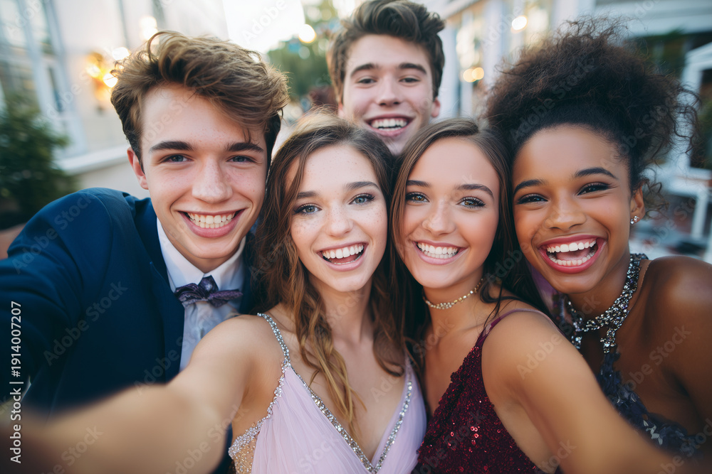 Fototapeta premium Group of friends taking selfie at prom night in elegant attire outdoors