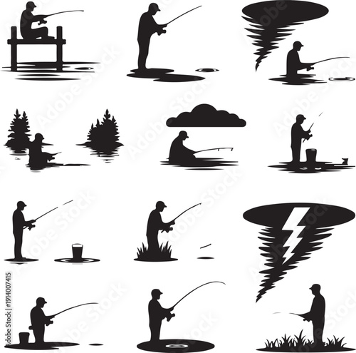 Silhouette of people fishing in various positions and environments