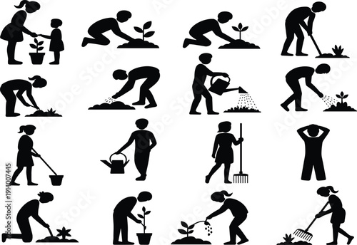 Silhouettes of people gardening planting watering and tending plants