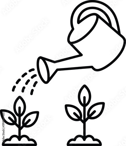 Watering young plants icon outline vector illustration of gardening and growth concept