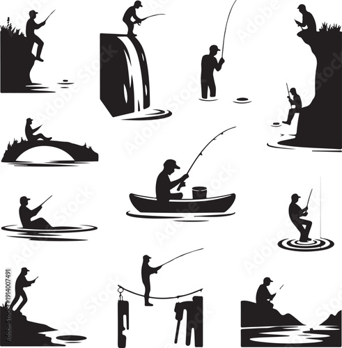 Silhouette of people fishing in various positions and locations  recreational activity