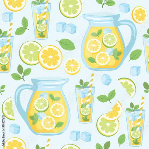 Lemonade Pitcher Pattern. Cheerful vector pattern lemonade pitchers and glasses filled with lemon wedges, mint leaves, ice cubes. Perfect for summer designs, drink menus, poster, social media graphic