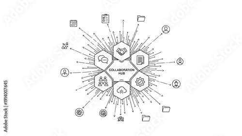 Business collaboration hub with teamwork icons and global networking connections in flat design vector illustration