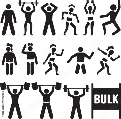 stick figures exercising with dumbbells and weights in various poses
