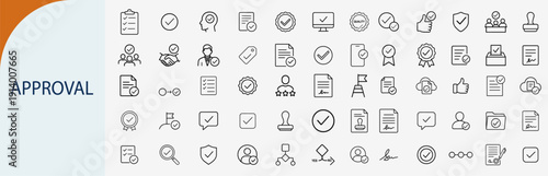 Approval and confirmation icons set, outline symbols for verified checkmark agreement quality control business permission and certificate vector illustration
