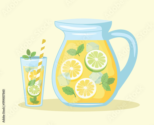 Lemonade pitcher. Summer vector illustration of a refreshing lemonade pitcher and glass, lemon wedges, mint leaves, ice cubes on a light background. Perfect for summer advertising, drink menu designs