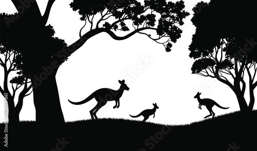 Three black kangaroos silhouetted against a white background with trees and grass