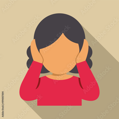 Woman covering ears, avoiding sound or noise, representing concept of hear no evil